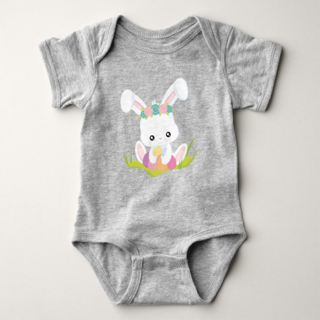 Easter, Easter Eggs, Cute Bunny, White Bunny Baby Bodysuit (Front)