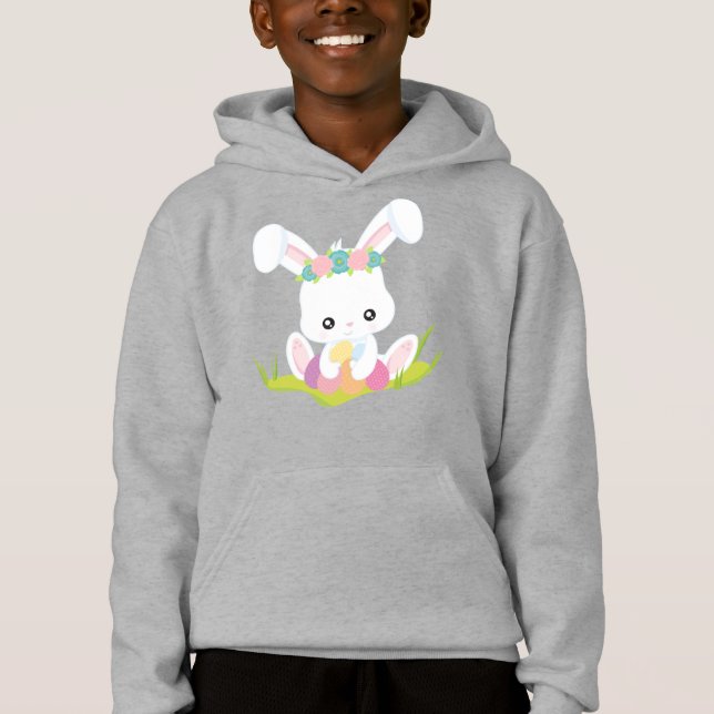 Easter, Easter Eggs, Cute Bunny, White Bunny Hoodie (Front)