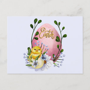 Easter Egg, Baby Chick and Spring Flowers Postcard