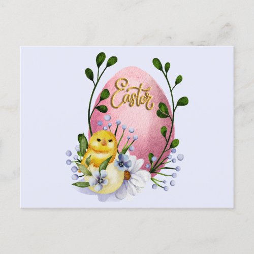 Easter Egg Baby Chick and Spring Flowers  Postcard