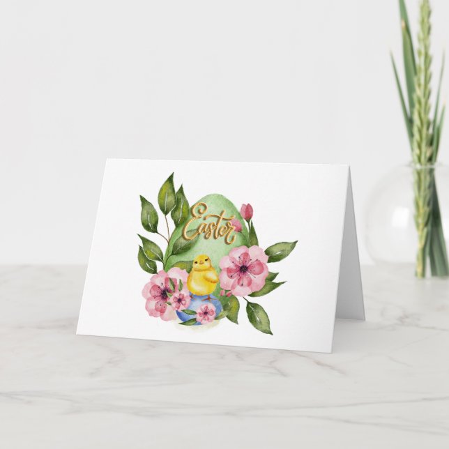 Easter Egg, Baby Chick, Pink Spring Flowers  Card (Front)