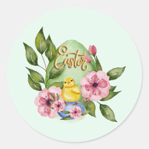 Easter Egg Baby Chick Pink Spring Flowers Classic Round Sticker