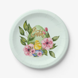 Easter Egg, Baby Chick, Pink Spring Flowers Paper Plates