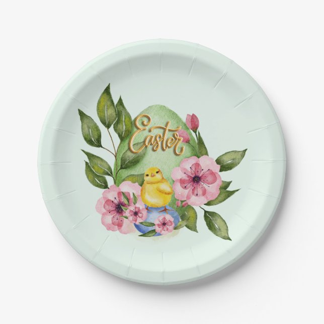 Easter Egg, Baby Chick, Pink Spring Flowers  Paper Plates (Front)