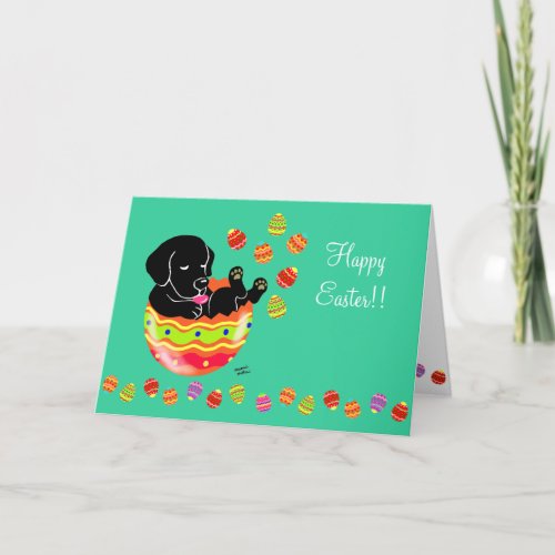 Easter Egg Black Labrador Puppy Cartoon Green Holiday Card