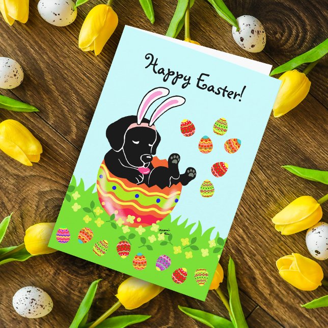 Easter Egg Black Labrador Puppy Cartoon Holiday Card (Easter Egg Black Labrador Puppy card featuring cute Labrador Cartoon in the colorful Easter egg.)