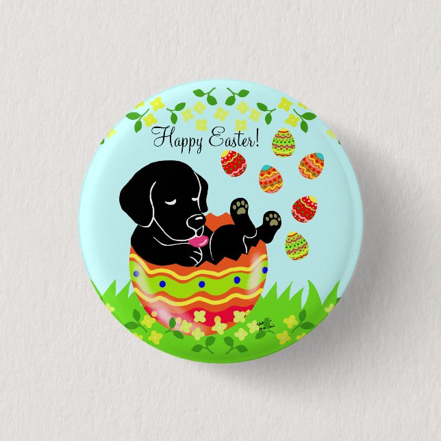 Easter Egg Black Labrador Puppy Cartoon Pinback Button (Front)