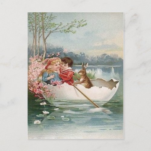 Easter Egg Bunny Boat Young Couple Landscape Holiday Postcard