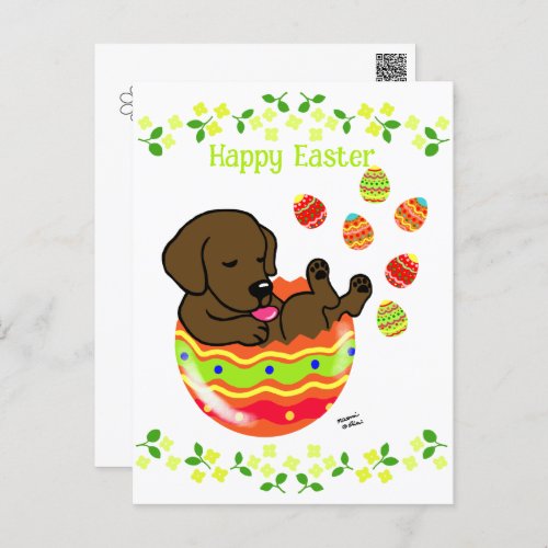 Easter Egg Chocolate Labrador Puppy Flowers Holiday Postcard