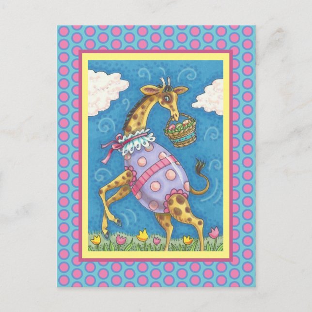EASTER EGG GIRAFFE & TULIPS, SPRING POSTCARD (Front)