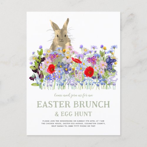 Easter Egg Hunt and Brunch Cute Bunny Floral Invitation Postcard