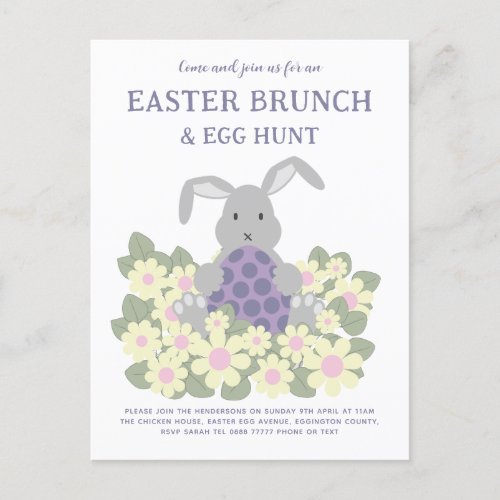 Easter Egg Hunt and Brunch Cute Bunny Floral Invitation Postcard