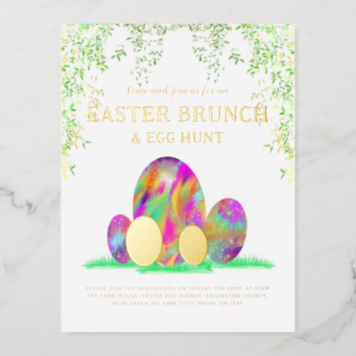 Easter Egg Hunt and Brunch Watercolor Gold Foil Invitation Postcard