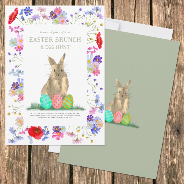 Easter Egg Hunt Brunch Bunny Floral Sage Green Invitation (Easter egg hunt and spring brunch cute bunny colorful wildflower floral watercolor invitation)