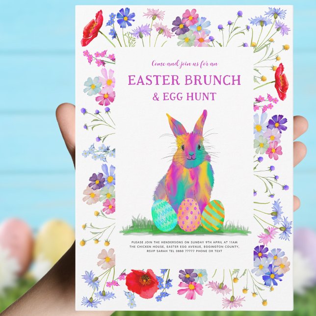 Easter Egg Hunt Brunch Colorful Bunny Floral Invitation (Easter brunch and egg hunt colorful bunny and wildflower floral invitation )