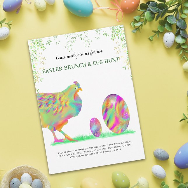 Easter Egg Hunt Brunch Colorful Cute Chicken Invitation Postcard (Easter egg hunt spring brunch cute colorful watercolor Hen & Eggs garden party invitation postcard)