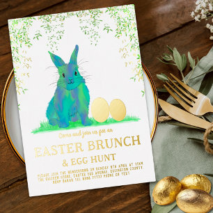 Easter Egg Hunt Brunch Cute Blue Bunny Gold Foil Invitation