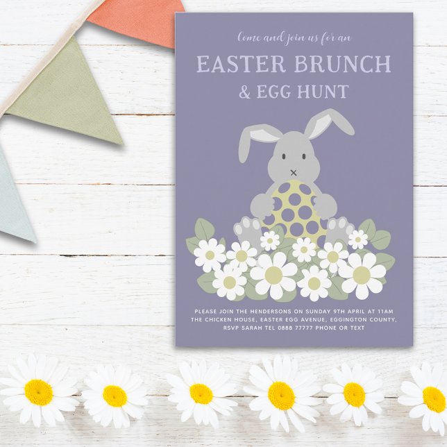 Easter Egg Hunt Brunch Cute Bunny Daisy Floral Invitation Postcard (Easter egg hunt spring brunch cute bunny daisy meadow floral  purple garden party invitation)