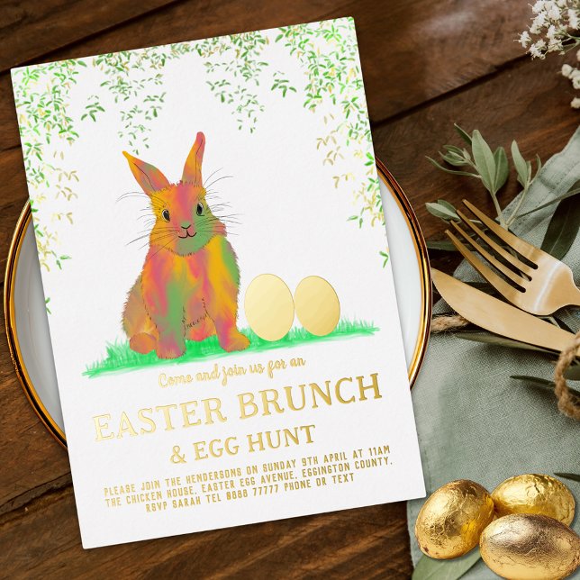 Easter Egg Hunt Brunch Cute Bunny & Eggs Gold Foil Invitation (Easter brunch egg hunt watercolor cute bunny & eggs gold foil garden party invitation)