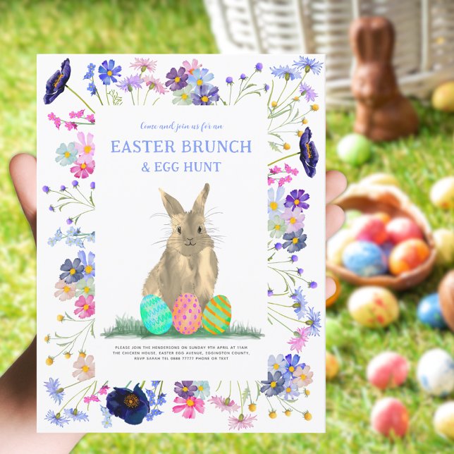 Easter Egg Hunt Brunch Cute Bunny Floral Budget Invitation Postcard (Easter bunny egg hunt and bruch boho wildflower spring holiday party postcard )