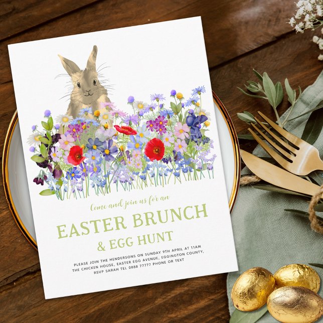 Easter Egg Hunt Brunch Cute Bunny Floral Invitation Postcard (Easter egg hunt brunch cute bunny watercolor wildflower floral spring garden party invitation)