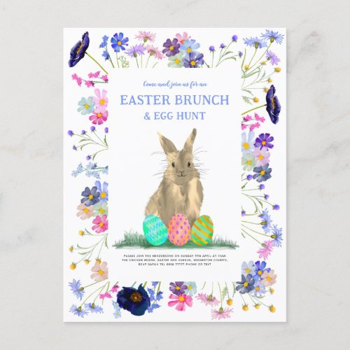 Easter Egg Hunt Brunch Cute Bunny Floral Invitation Postcard