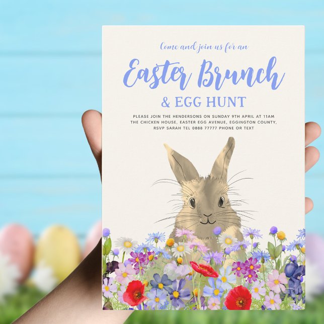 Easter Egg Hunt Brunch Cute Bunny Wildflowers Invitation (Easter brunch and egg hunt boho wildflowers bunny invitation )