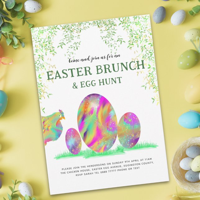 Easter Egg Hunt Brunch Cute Hen & Eggs budget Flyer (Fun Easter Egg Hunt Brunch Cute Hen & Eggs budget invitation colorful watercolor chicken art)
