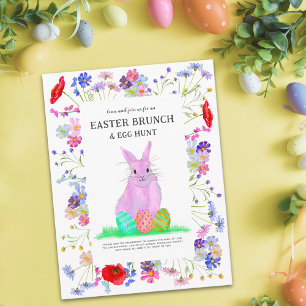 Easter Egg Hunt Brunch Cute Pink Bunny Floral Invitation Postcard