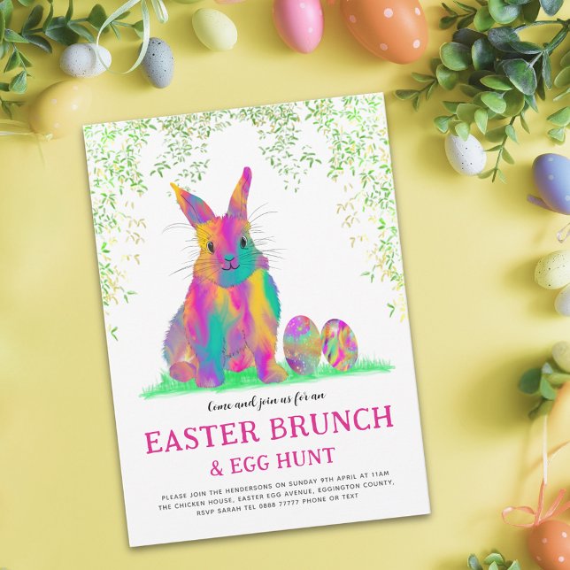 Easter Egg Hunt Brunch Pink Cute Bunny Budget (Easter brunch egg hunt cute pink bunny colorful watercolor Easter eggs garden party budget invites)