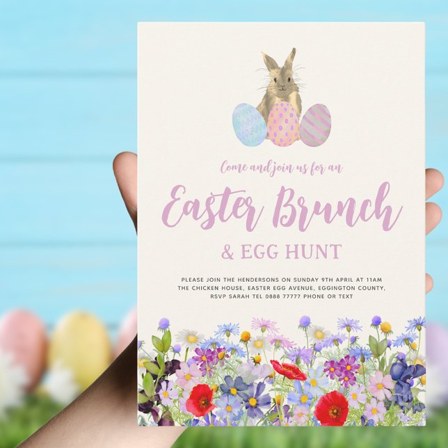 Easter Egg Hunt Brunch Wildflower Cute Bunny Pink Invitation (Boho wildflower easter brunch and egg hunt invitation)