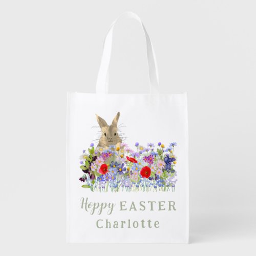 Easter Egg Hunt Bunny Floral Name Grocery Bag