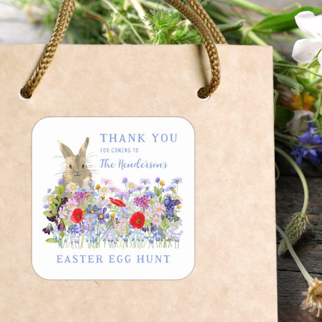 Easter Egg Hunt Bunny Floral Thank You Square Sticker (Easter brunch and egg hunt custom thank you sticker for favor bags watercolor florals and cute bunny)