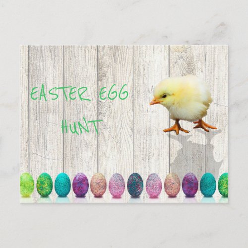 Easter Egg Hunt  Colorful Chick Rustic Invitation Postcard