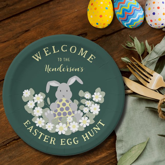 Easter Egg Hunt Cute Bunny Floral Paper Plates (Personalized family Easter brunch and egg hunt cute bunny floral spring party green paper plate)