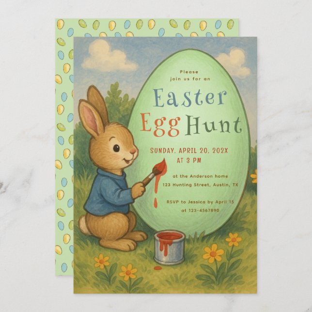 Easter Egg Hunt Cute Rabbit Bunny Paints Green Egg Invitation (Front/Back)