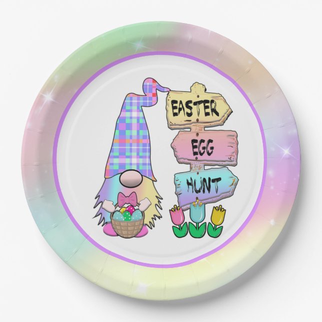 Easter Egg Hunt Gnome Paper Plates (Front)