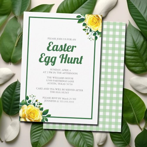 Easter Egg Hunt Green Gingham Yellow Floral Invitation