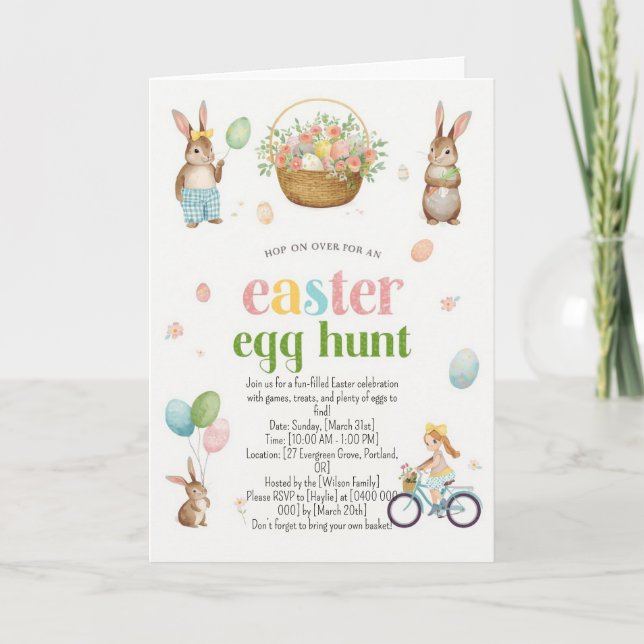 Easter Egg Hunt Invitation - Cute Bunny Watercolor (Front)