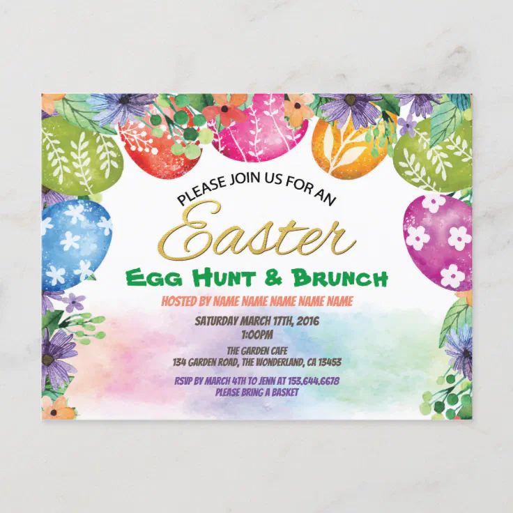 Easter egg hunt invitation. Watercolor flower Invitation Postcard