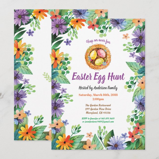 Easter egg hunt invitation. Watercolor flowers Invitation (Front/Back)