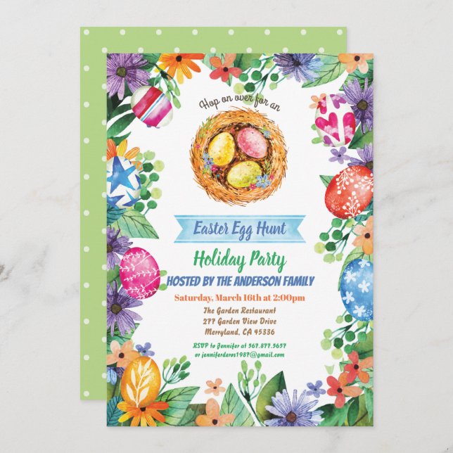 Easter egg hunt party invitation. Watercolor event Invitation (Front/Back)