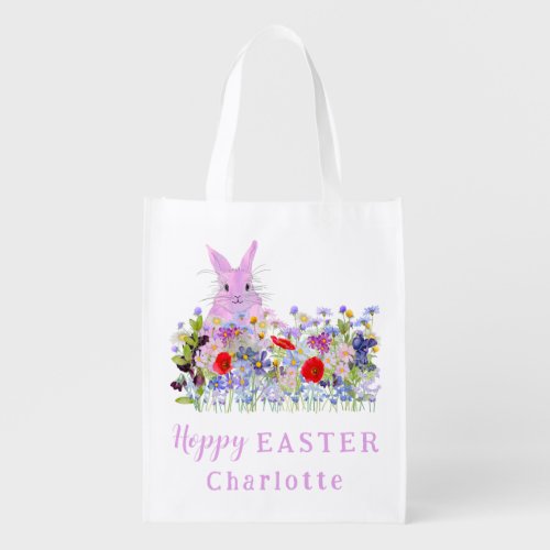 Easter Egg Hunt Pink Bunny Floral Girls Name Grocery Bag