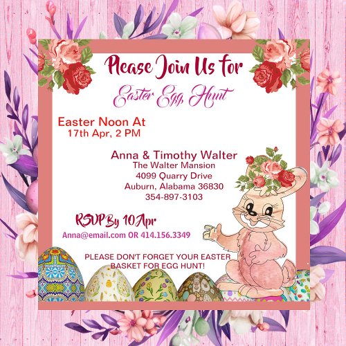 Easter Egg Hunt Rustic Roses Bunny Kid Invitation 