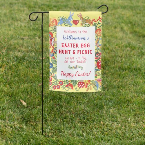 Easter Egg Hunt Sign Customized Folk Floral Bunny