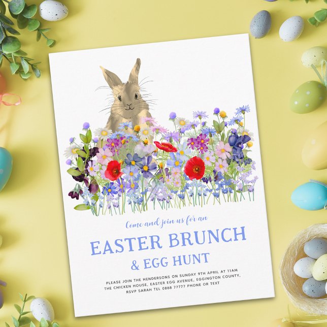 Easter Egg Hunt Spring Brunch Bunny Wildflowers  Invitation Postcard (Easter egg hunt spring brunch cute bunny watercolor wildflower floral holiday invitation postcard)