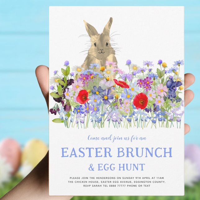 Easter Egg Hunt Spring Brunch Cute Bunny Floral Invitation (Easter brunch and egg hunt invitation with colorful watercolor wildflowers and cute Easter bunny )