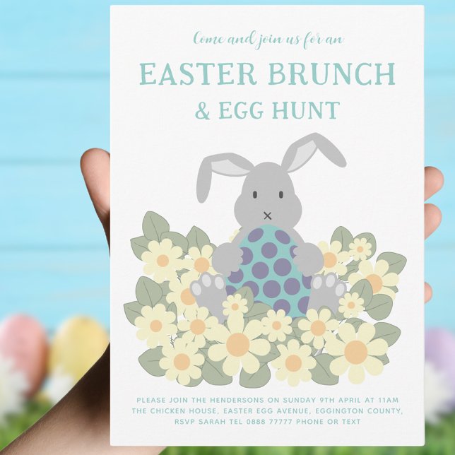 Easter Egg Hunt Spring Brunch Cute Bunny Floral Invitation (Easter brunch and egg hunt cute bunny spring floral invitation yellow purple teal green)