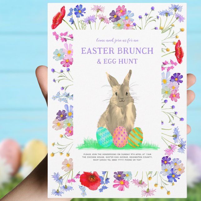 Easter Egg Hunt Spring Brunch Cute Bunny Floral Invitation (Easter brunch and egg hunt custom invitation cute bunny and eggs with watercolor wildflower floral)