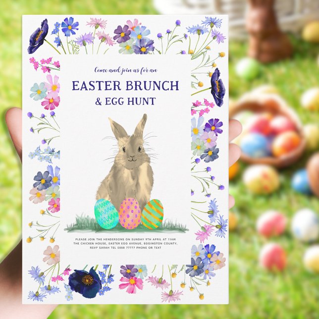 Easter Egg Hunt Spring Brunch Cute Bunny Floral Invitation (Easter brunch and egg hunt cute bunny boho floral watercolor invitation blue purple pink green)